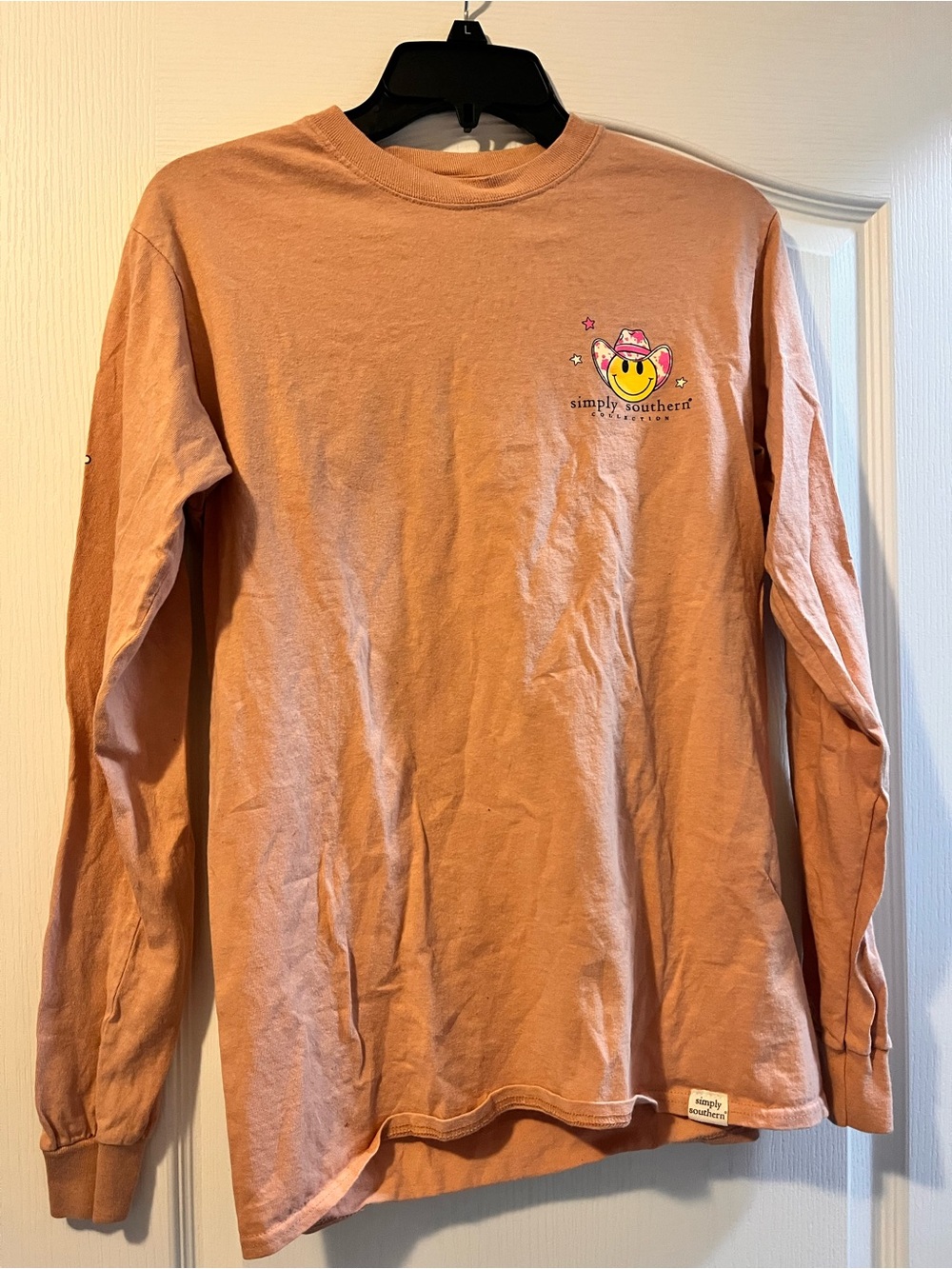 Simply Southern Peach Long Sleeve top Tee with Smiley Cowgirl Graphic